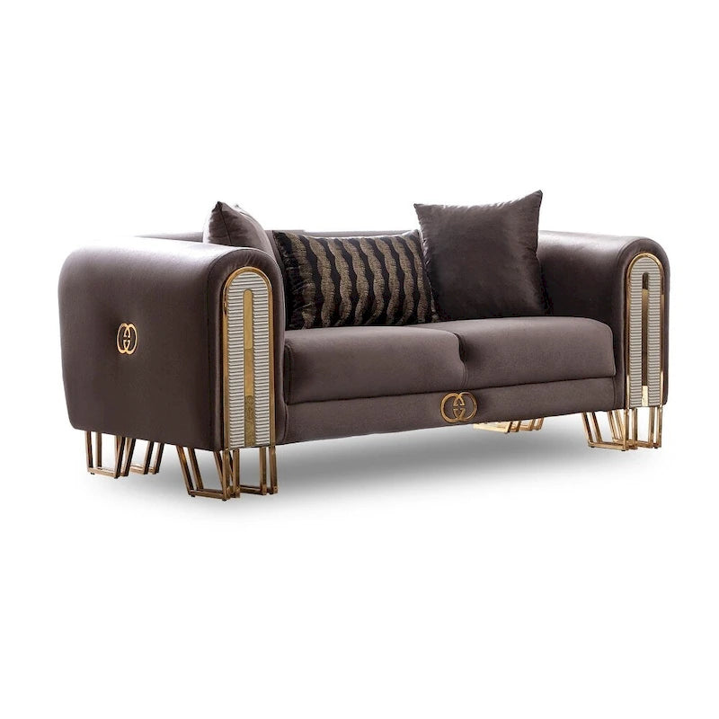 2-Piece Living Room Set - 1 Sofa & 1 Loveseat, Metal Legs, Pillow Back, Gold/Silver Accents, Wooden Details