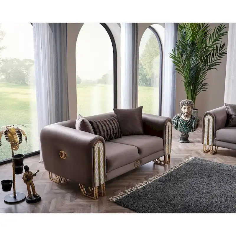 2-Piece Living Room Set - 1 Sofa & 1 Loveseat, Metal Legs, Pillow Back, Gold/Silver Accents, Wooden Details