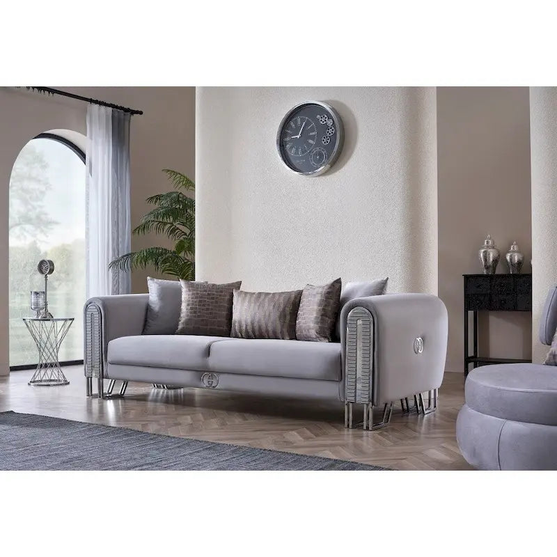 2-Piece Living Room Set - 1 Sofa & 1 Loveseat, Metal Legs, Pillow Back, Gold/Silver Accents, Wooden Details