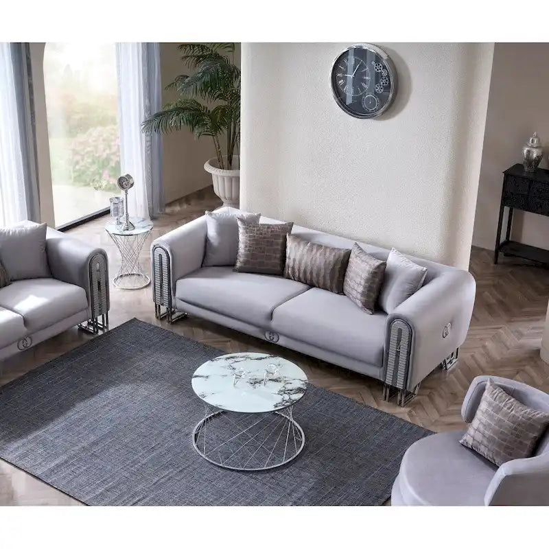 2-Piece Living Room Set - 1 Sofa & 1 Loveseat, Metal Legs, Pillow Back, Gold/Silver Accents, Wooden Details