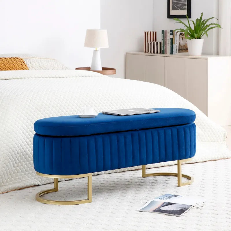 50" Velvet Oval Storage Bench Split Lift-Top Ottoman with Golden Metal Legs Hidden Storage End of Bed Seating 47.6"W x 19.7"H