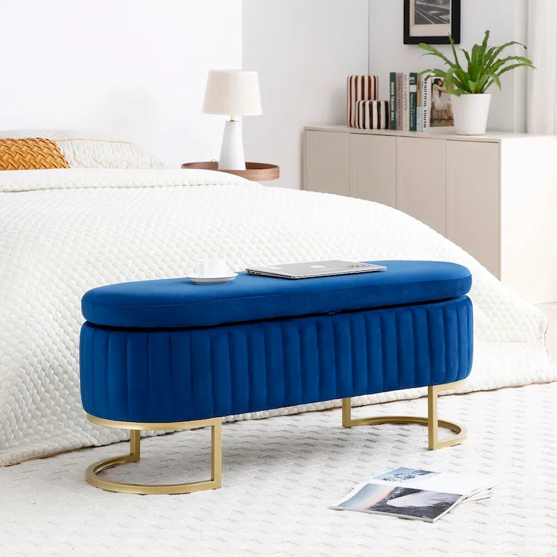Storage Bench Bedroom Bench, Velvet Oval Upholstered End of Bed Bench with Golden Metal Legs,50 Storage Ottoman Bench