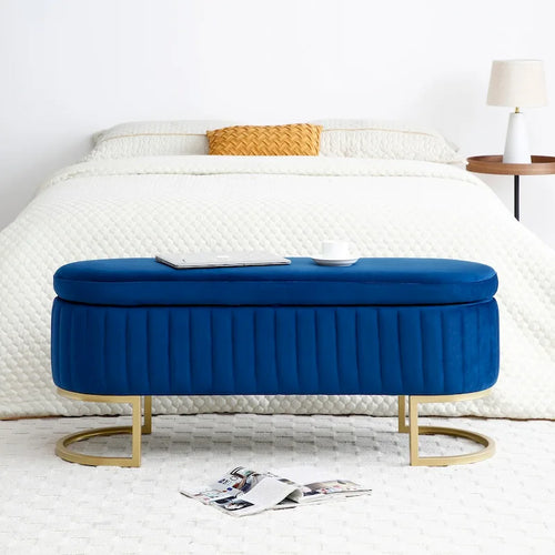 50" Velvet Oval Storage Bench Split Lift-Top Ottoman with Golden Metal Legs Hidden Storage End of Bed Seating 47.6"W x 19.7"H