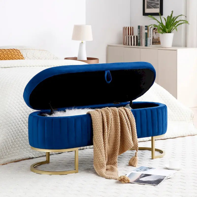 50" Velvet Oval Storage Bench Split Lift-Top Ottoman with Golden Metal Legs Hidden Storage End of Bed Seating 47.6"W x 19.7"H