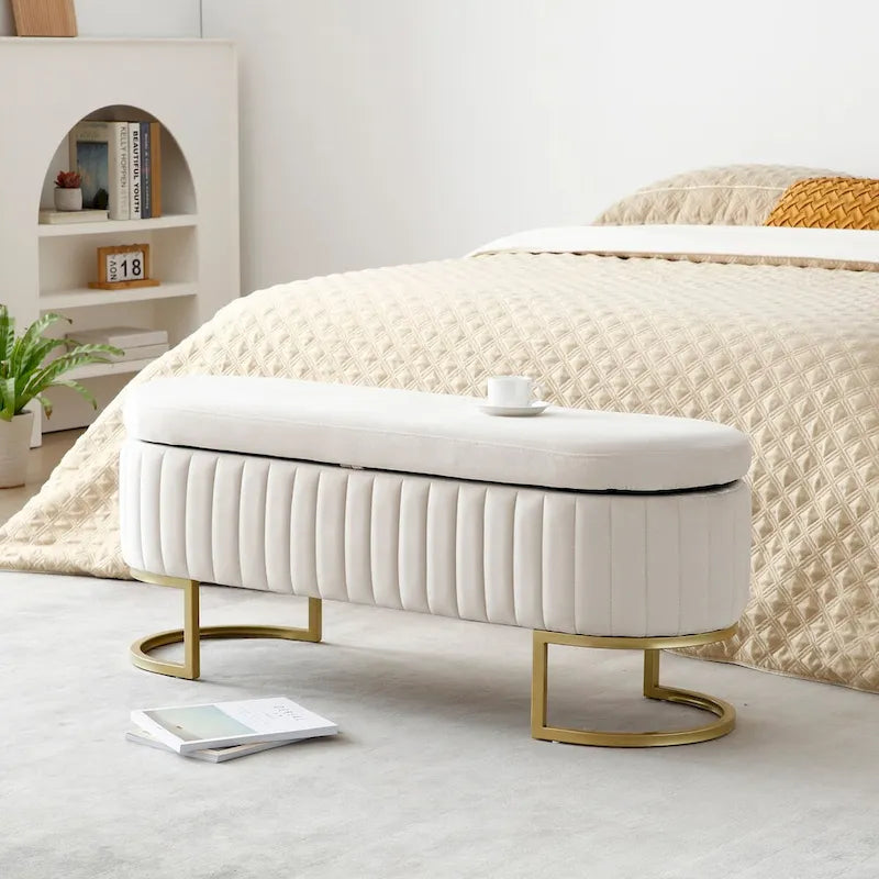 50" Velvet Oval Storage Bench Split Lift-Top Ottoman with Golden Metal Legs Hidden Storage End of Bed Seating 47.6"W x 19.7"H