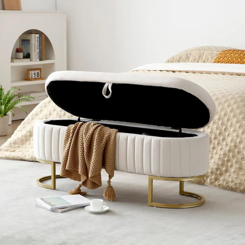 50" Velvet Oval Storage Bench Split Lift-Top Ottoman with Golden Metal Legs Hidden Storage End of Bed Seating 47.6"W x 19.7"H