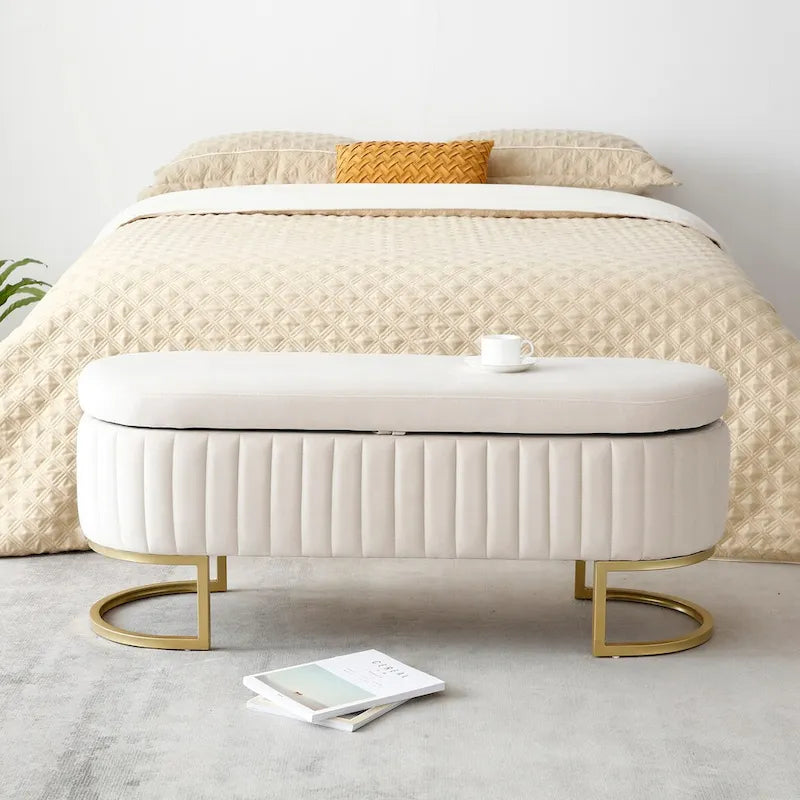 50" Velvet Oval Storage Bench Split Lift-Top Ottoman with Golden Metal Legs Hidden Storage End of Bed Seating 47.6"W x 19.7"H