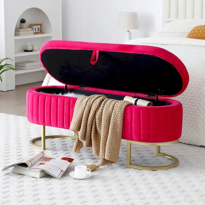 50" Velvet Oval Storage Bench Split Lift-Top Ottoman with Golden Metal Legs Hidden Storage End of Bed Seating 47.6"W x 19.7"H