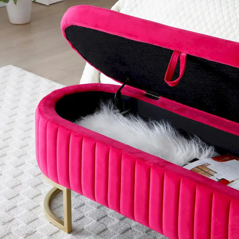 50" Velvet Oval Storage Bench Split Lift-Top Ottoman with Golden Metal Legs Hidden Storage End of Bed Seating 47.6"W x 19.7"H