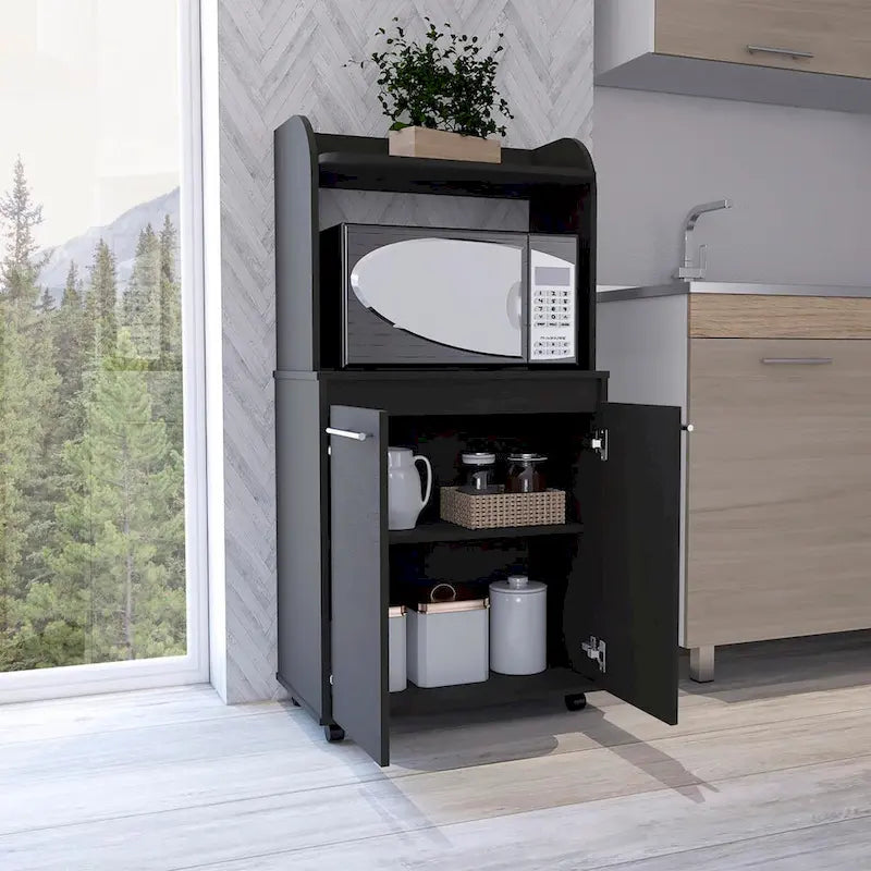 Modern Kitchen Microwave Cart - Black, Rolling Casters, 1 Shelf & 2 Doors, Cabinet Storage, Manufactured Wood, Mobile Convenience