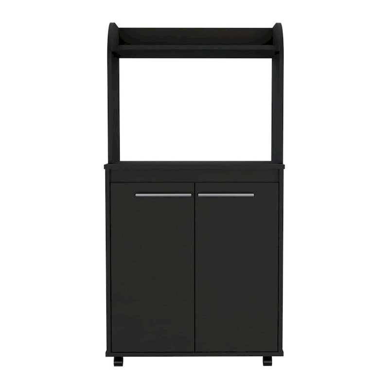 Modern Kitchen Microwave Cart - Black, Rolling Casters, 1 Shelf & 2 Doors, Cabinet Storage, Manufactured Wood, Mobile Convenience