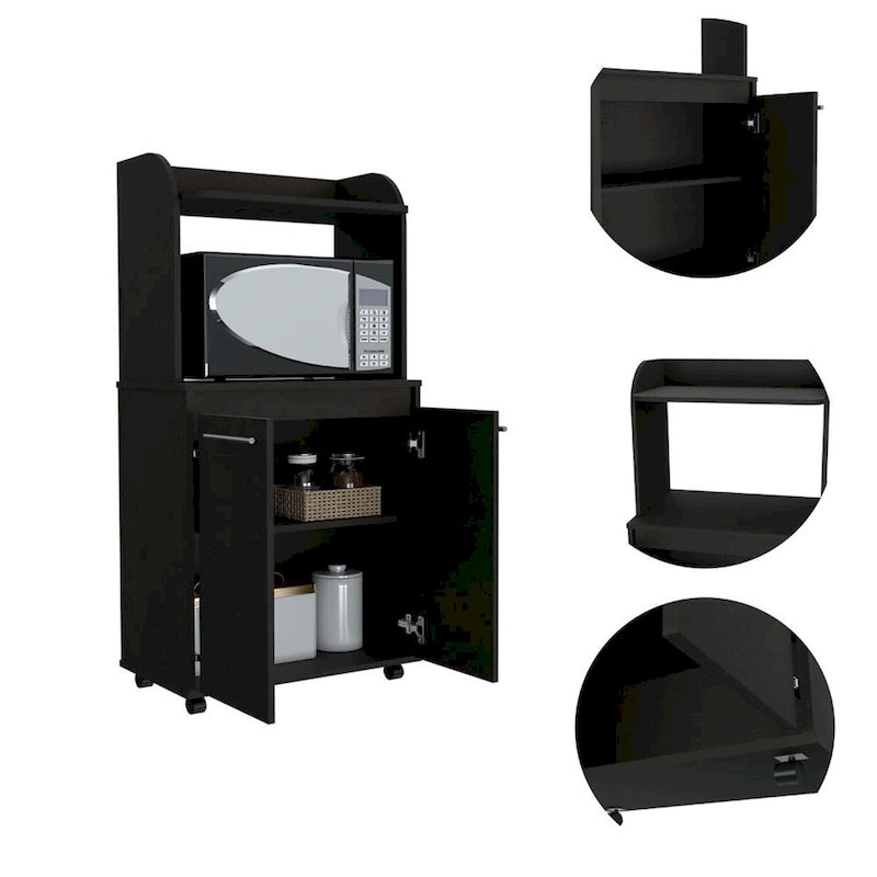 Modern Kitchen Microwave Cart - Black, Rolling Casters, 1 Shelf & 2 Doors, Cabinet Storage, Manufactured Wood, Mobile Convenience