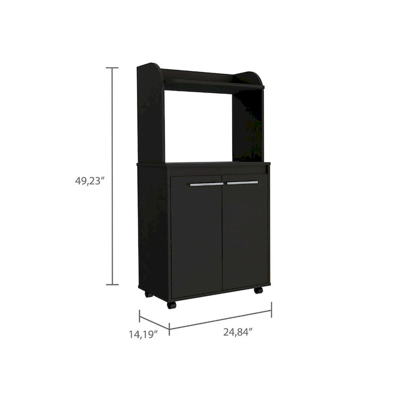 Modern Kitchen Microwave Cart - Black, Rolling Casters, 1 Shelf & 2 Doors, Cabinet Storage, Manufactured Wood, Mobile Convenience