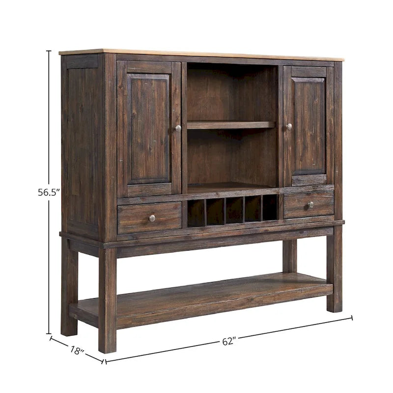 62-Inch Sideboard with Wine Storage - Driftwood & Sable Finish, 2 Doors, 2 Drawers, Adjustable Shelf, 300lb Capacity, Coastal