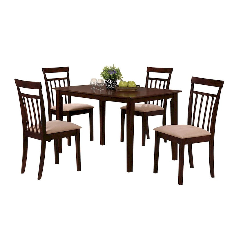 5-Piece Dining Set - Espresso & Beige, Rectangular Table with 4 Padded Chairs, Slatted Backrests, Tapered Legs, Wood & Veneer