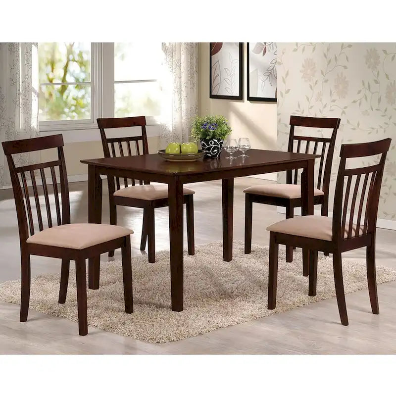 5-Piece Dining Set - Espresso & Beige, Rectangular Table with 4 Padded Chairs, Slatted Backrests, Tapered Legs, Wood & Veneer