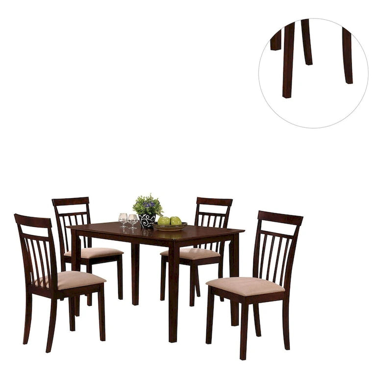 5-Piece Dining Set - Espresso & Beige, Rectangular Table with 4 Padded Chairs, Slatted Backrests, Tapered Legs, Wood & Veneer
