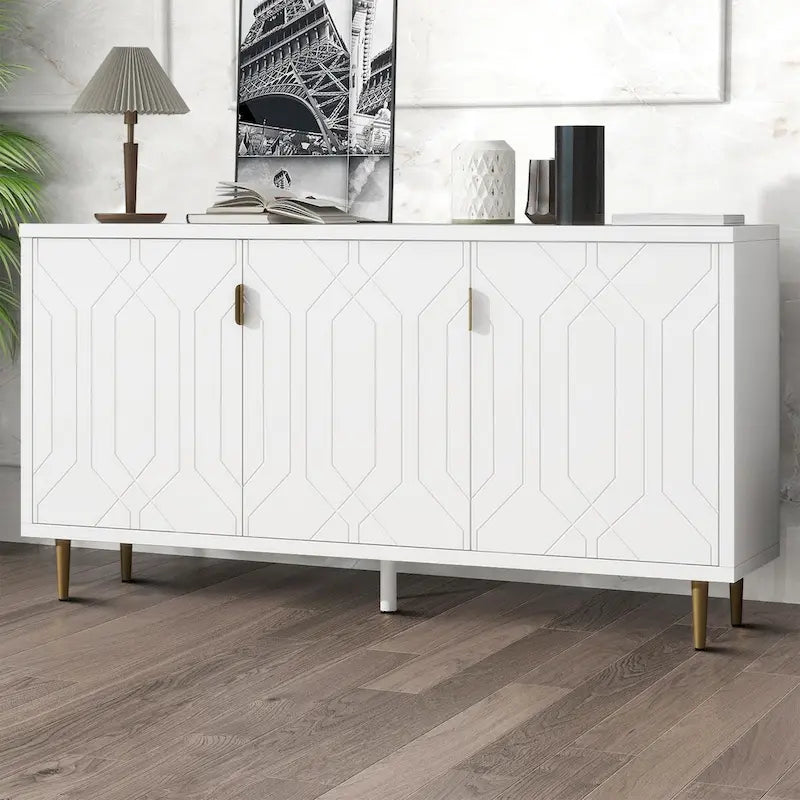 65-Inch Mid-Century Wooden Sideboard - 3 Interior Shelves, Gold Metal Handles, Minimalist Design, 88lb Top Capacity