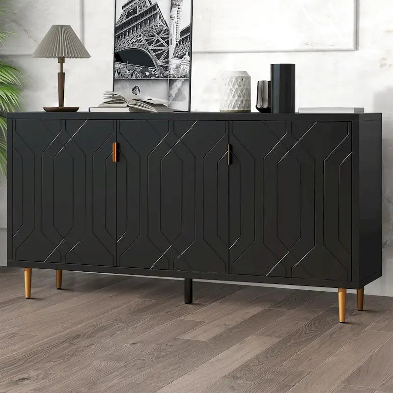 65-Inch Mid-Century Wooden Sideboard - 3 Interior Shelves, Gold Metal Handles, Minimalist Design, 88lb Top Capacity