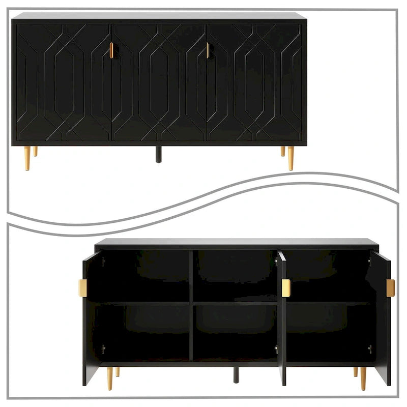 65-Inch Mid-Century Wooden Sideboard - 3 Interior Shelves, Gold Metal Handles, Minimalist Design, 88lb Top Capacity