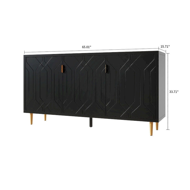 65-Inch Mid-Century Wooden Sideboard - 3 Interior Shelves, Gold Metal Handles, Minimalist Design, 88lb Top Capacity