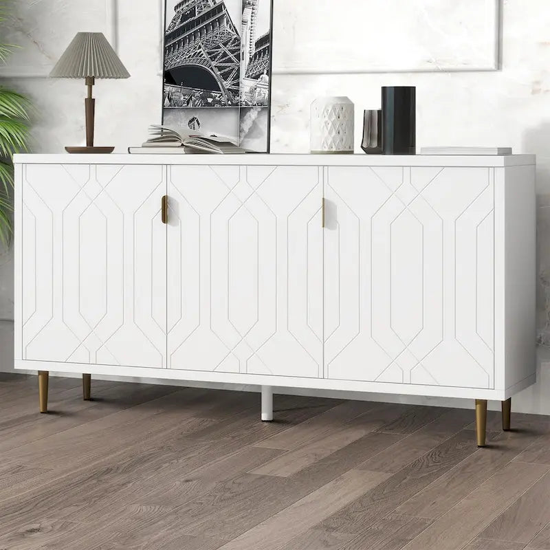 65-Inch Mid-Century Wooden Sideboard - 3 Interior Shelves, Gold Metal Handles, Minimalist Design, 88lb Top Capacity