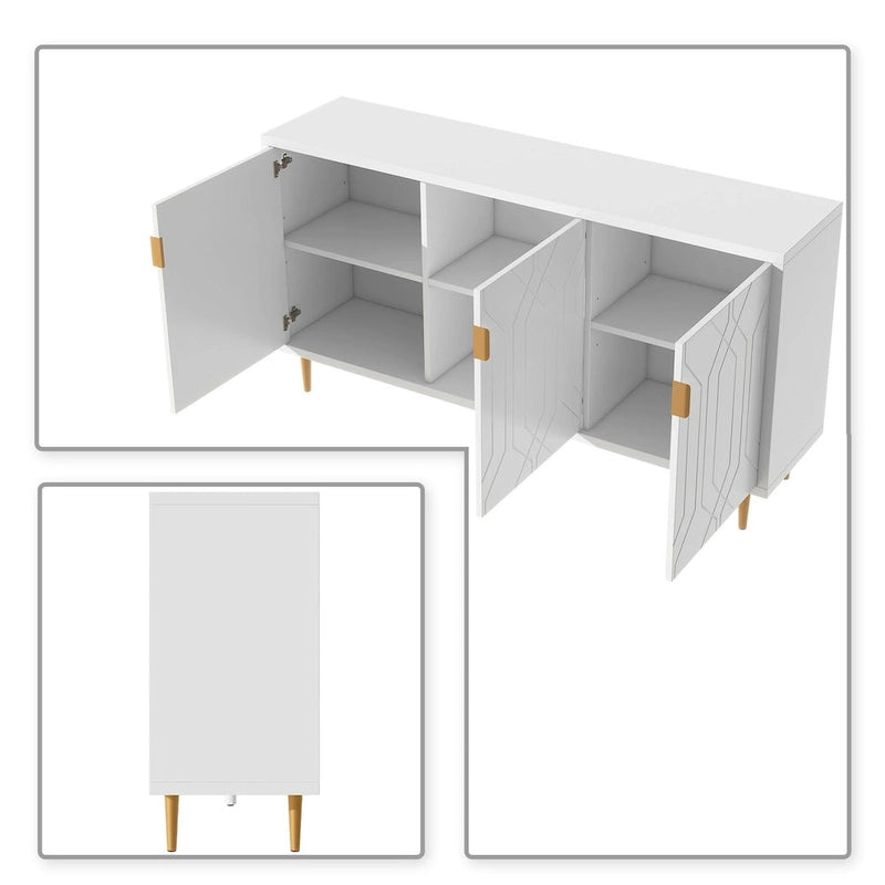 65-Inch Mid-Century Wooden Sideboard - 3 Interior Shelves, Gold Metal Handles, Minimalist Design, 88lb Top Capacity