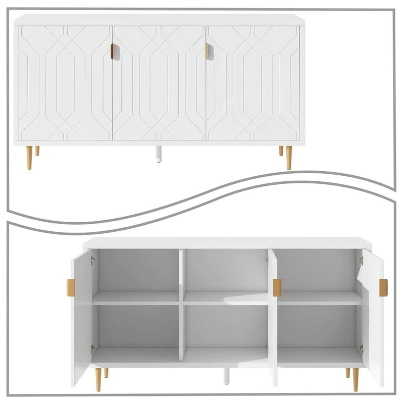 65-Inch Mid-Century Wooden Sideboard - 3 Interior Shelves, Gold Metal Handles, Minimalist Design, 88lb Top Capacity