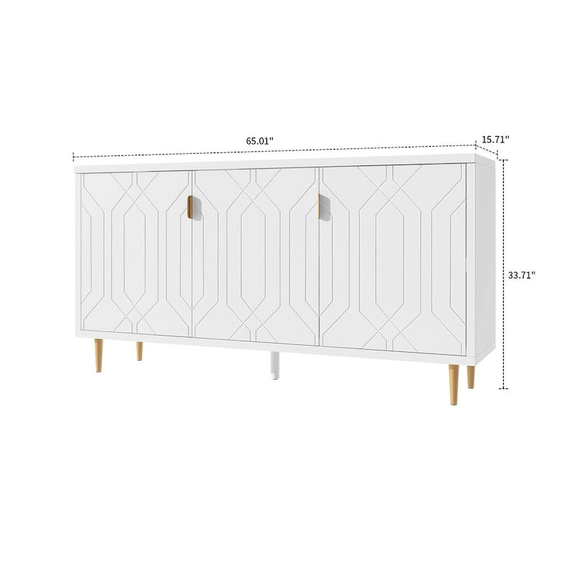 65-Inch Mid-Century Wooden Sideboard - 3 Interior Shelves, Gold Metal Handles, Minimalist Design, 88lb Top Capacity