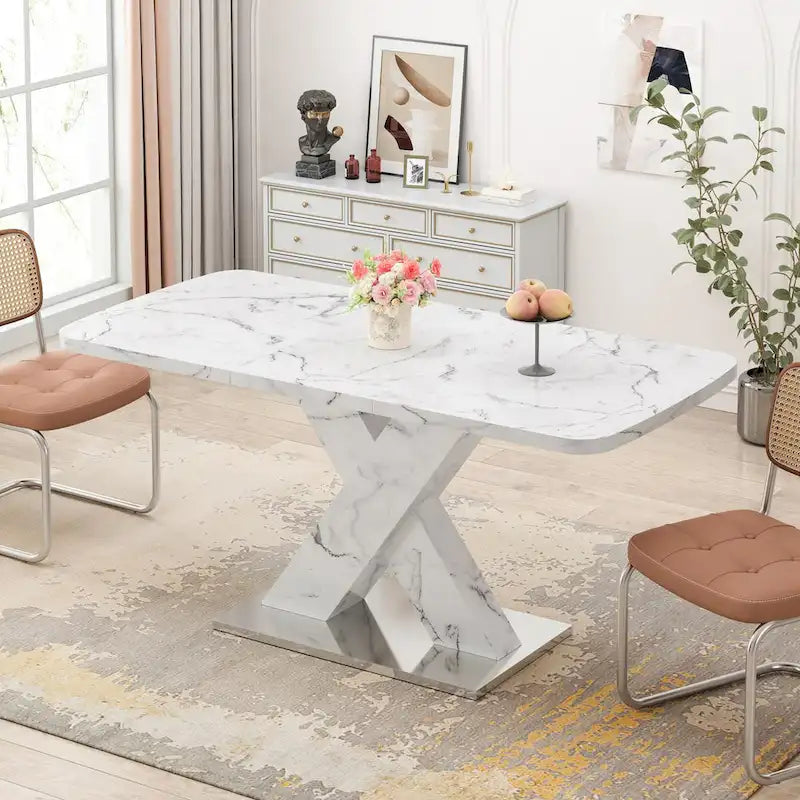 Extendable Dining Table 48-63" - White Marble Top, X-Shaped Metal Base, Square to Rectangle, 220lb Capacity, MDF & Steel