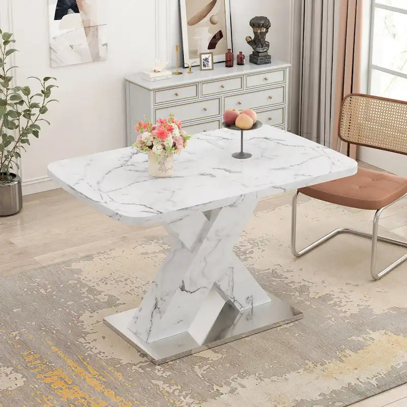 Extendable Dining Table 48-63" - White Marble Top, X-Shaped Metal Base, Square to Rectangle, 220lb Capacity, MDF & Steel