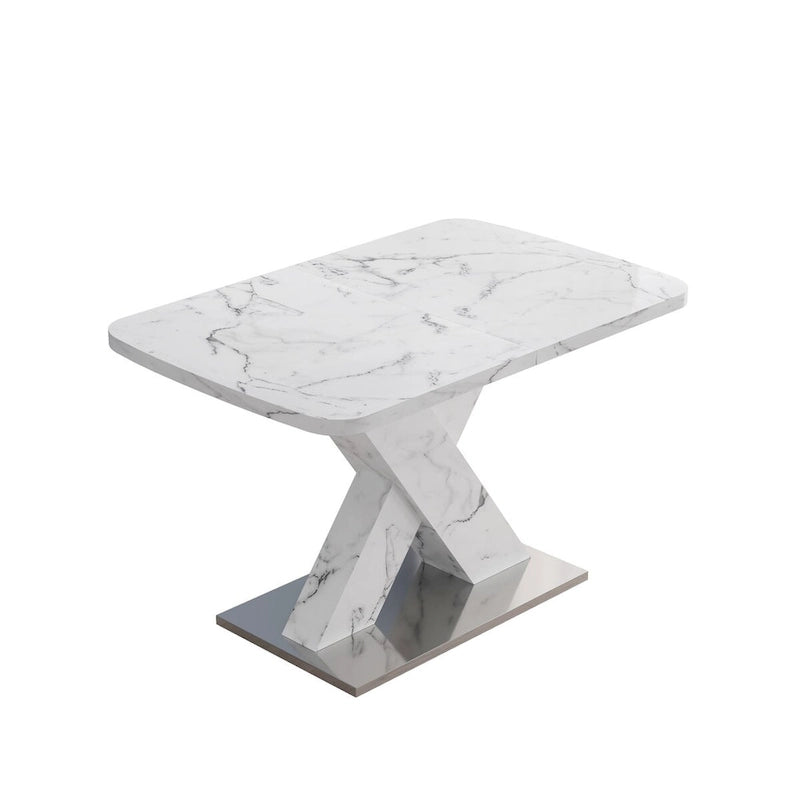 Extendable Dining Table 48-63" - White Marble Top, X-Shaped Metal Base, Square to Rectangle, 220lb Capacity, MDF & Steel