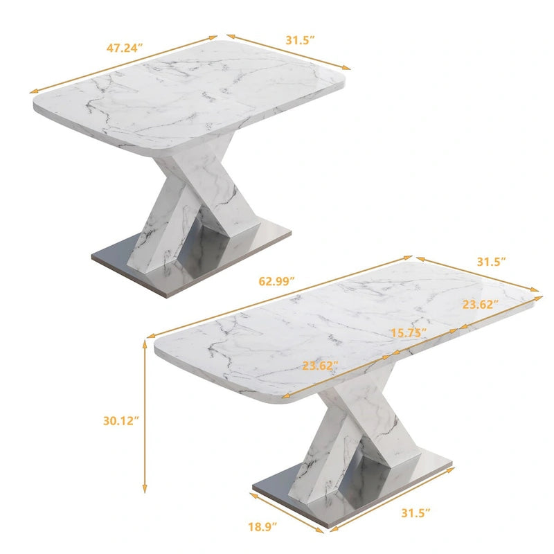 Extendable Dining Table 48-63" - White Marble Top, X-Shaped Metal Base, Square to Rectangle, 220lb Capacity, MDF & Steel