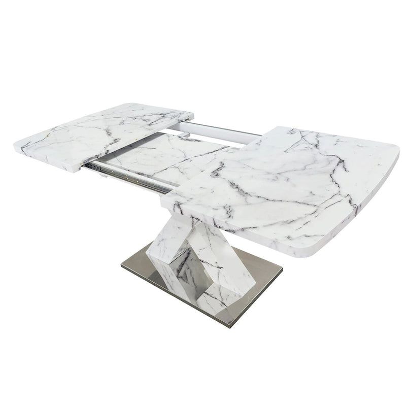 Extendable Dining Table 48-63" - White Marble Top, X-Shaped Metal Base, Square to Rectangle, 220lb Capacity, MDF & Steel