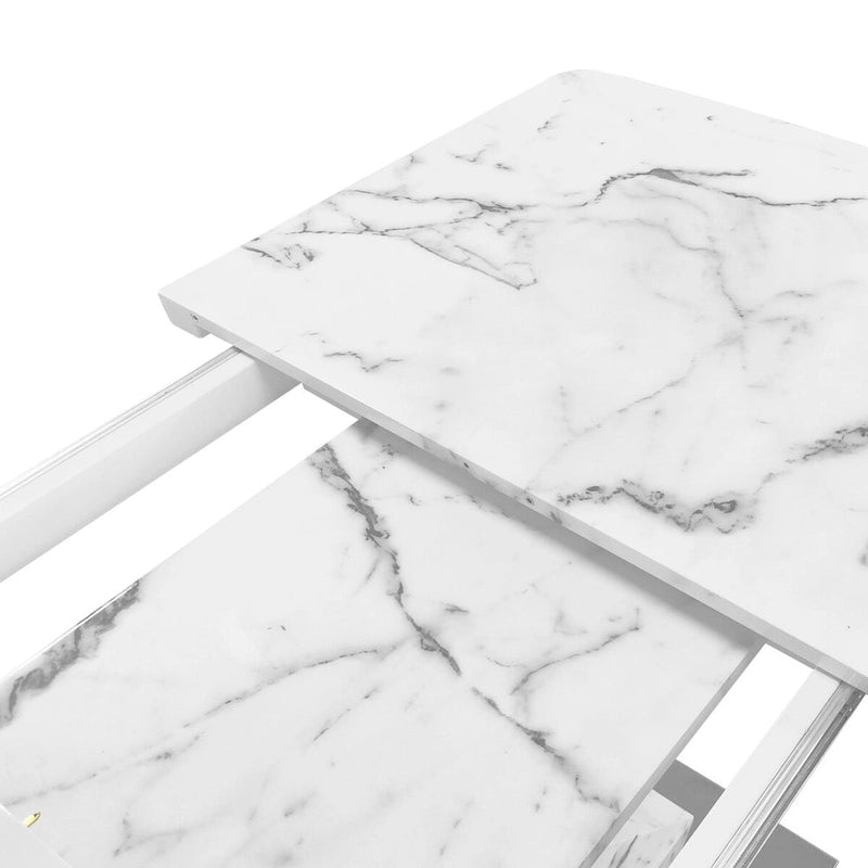 Extendable Dining Table 48-63" - White Marble Top, X-Shaped Metal Base, Square to Rectangle, 220lb Capacity, MDF & Steel