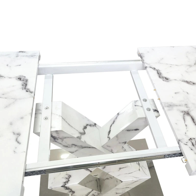 Extendable Dining Table 48-63" - White Marble Top, X-Shaped Metal Base, Square to Rectangle, 220lb Capacity, MDF & Steel