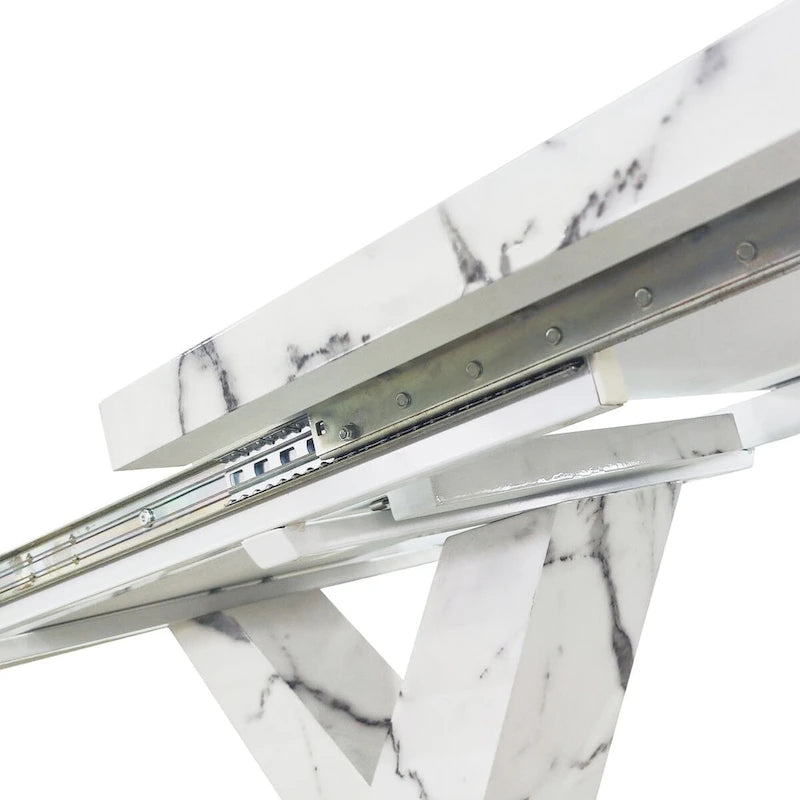 Extendable Dining Table 48-63" - White Marble Top, X-Shaped Metal Base, Square to Rectangle, 220lb Capacity, MDF & Steel