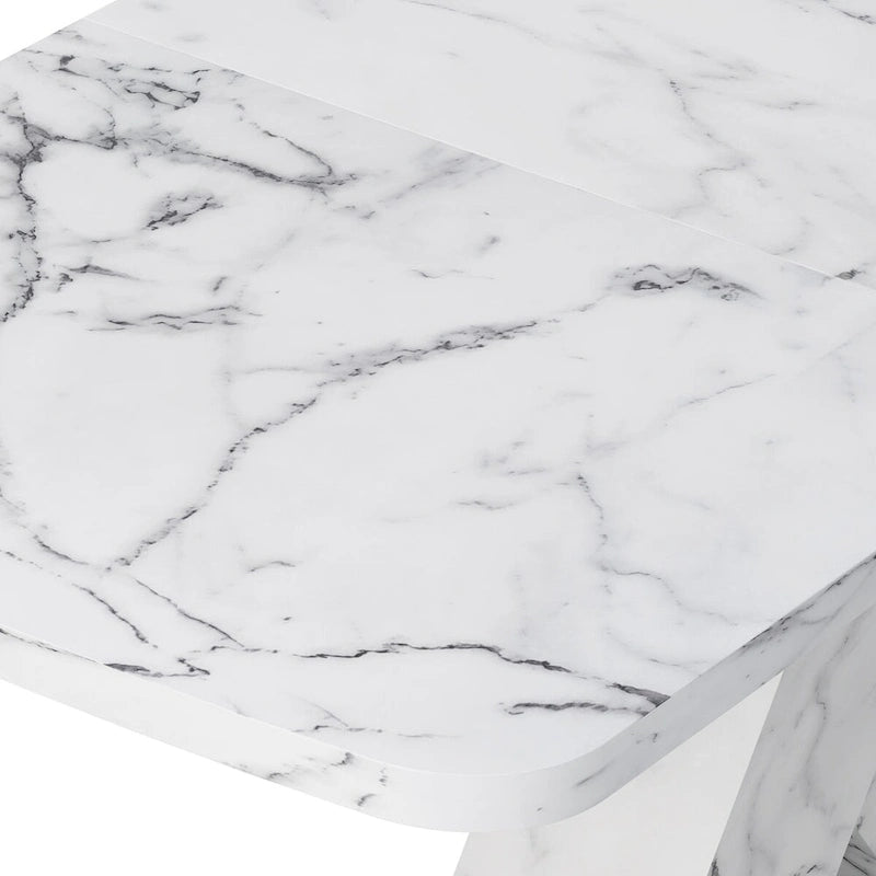 Extendable Dining Table 48-63" - White Marble Top, X-Shaped Metal Base, Square to Rectangle, 220lb Capacity, MDF & Steel