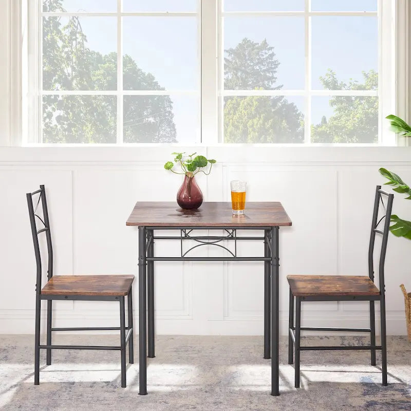 Brown 3-Piece Small Square Dining Table Set for Breakfast Nook Wood Bar Table with Chairs Set of 2 with Steel Frame