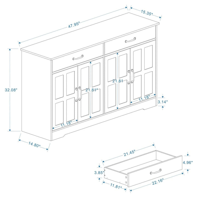 Farmhouse Buffet Cabinet Storage Sideboard with 2 Drawers & 4 Doors - Wood Grain, Anti-Tip Design, 2 Shelves