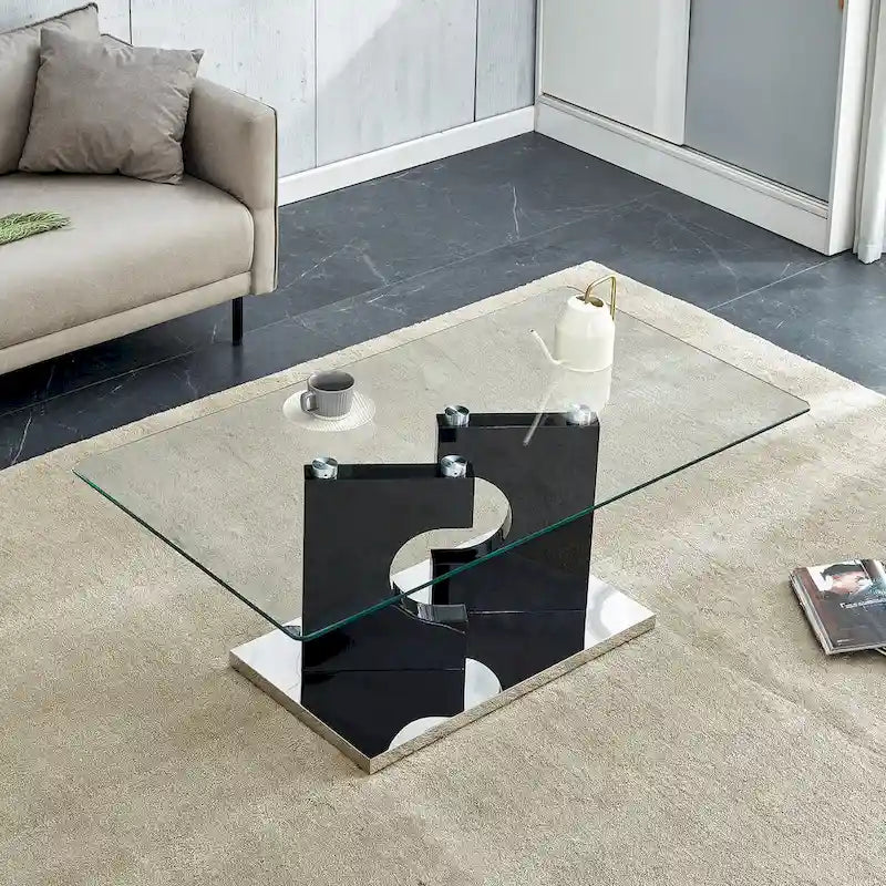 47" Rectangular Modern Coffee Table Tempered Glass Top Black MDF Legs Living Room Furniture 47.2"L x 25.5"W x 18"H