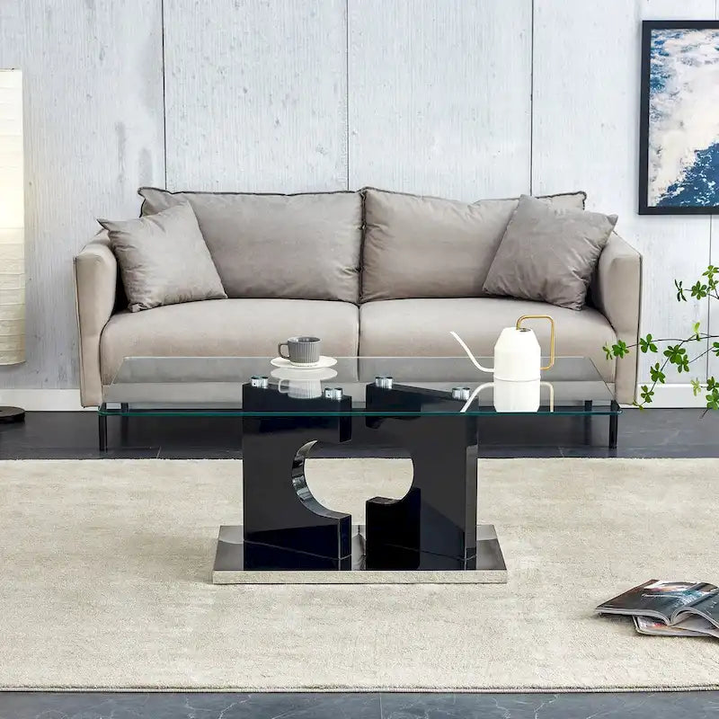 47" Rectangular Modern Coffee Table Tempered Glass Top Black MDF Legs Living Room Furniture 47.2"L x 25.5"W x 18"H
