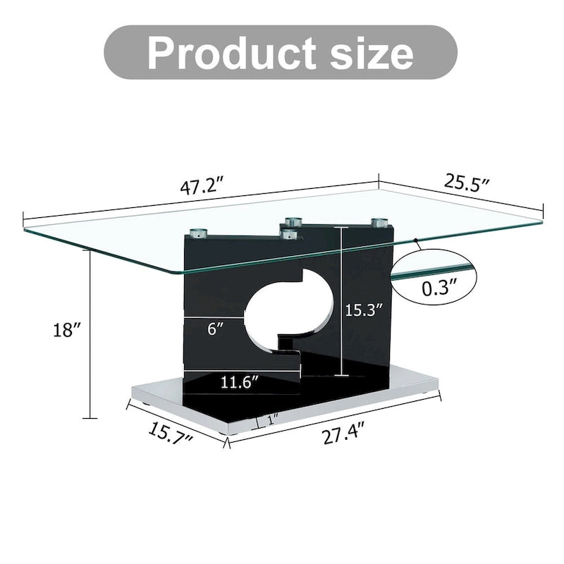 47" Rectangular Modern Coffee Table Tempered Glass Top Black MDF Legs Living Room Furniture 47.2"L x 25.5"W x 18"H