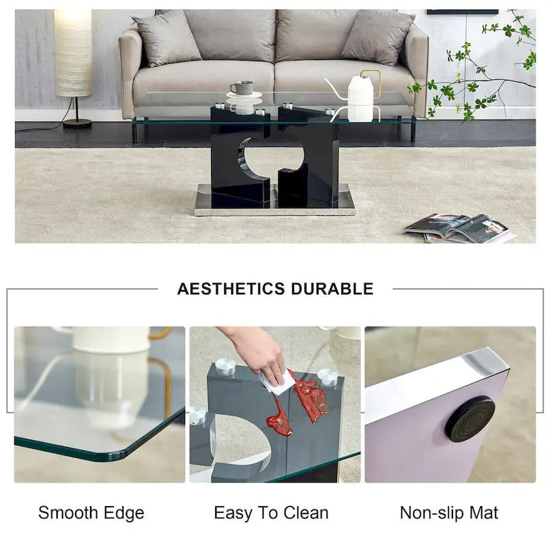 47" Rectangular Modern Coffee Table Tempered Glass Top Black MDF Legs Living Room Furniture 47.2"L x 25.5"W x 18"H