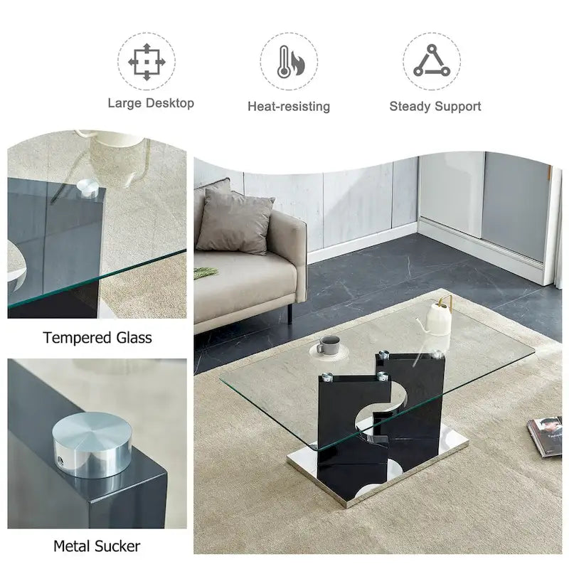 47" Rectangular Modern Coffee Table Tempered Glass Top Black MDF Legs Living Room Furniture 47.2"L x 25.5"W x 18"H
