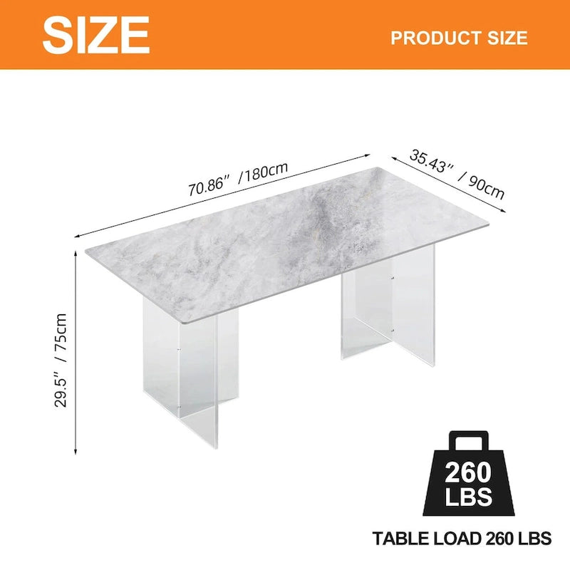 71-Inch Sintered Stone Dining Table - Modern Rectangular with Acrylic Legs, Seats 6-8, Scratch Resistant, 280lb Capacity