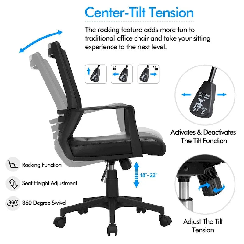 Adjustable Ergonomic Mesh Office Chair with Lumbar Support - 360° Swivel, 265lb Capacity, PU Leather & Mesh Back