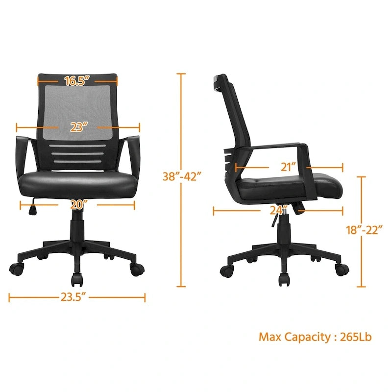 Adjustable Ergonomic Mesh Office Chair with Lumbar Support - 360° Swivel, 265lb Capacity, PU Leather & Mesh Back