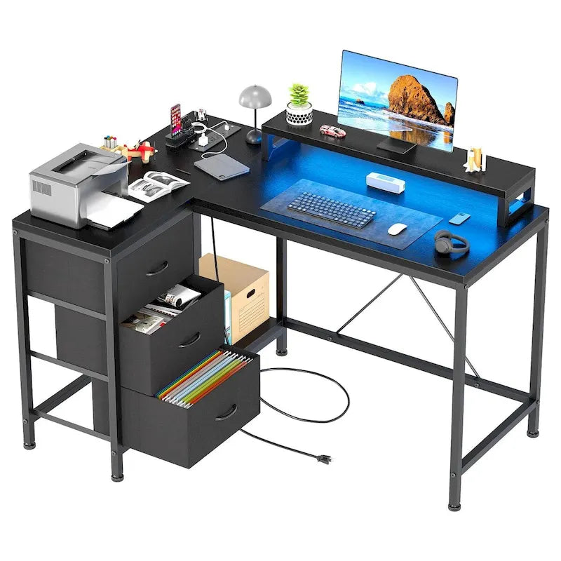 L-Shaped Gaming Desk - 7-Color LED Lights, 4 Power Outlets & 2 USB Ports, 3 Fabric Drawers, Removable Monitor Stand, Ergonomic
