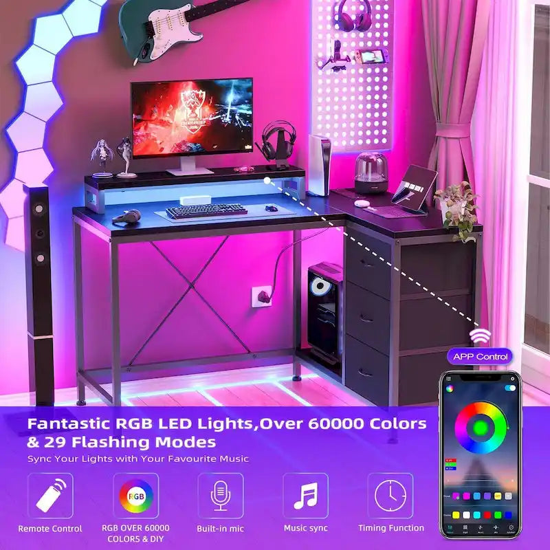 L-Shaped Gaming Desk - 7-Color LED Lights, 4 Power Outlets & 2 USB Ports, 3 Fabric Drawers, Removable Monitor Stand, Ergonomic